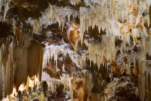 Dramatic view of geological formations on a cave ceiling