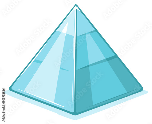 Stylized geometric glass pyramid with translucent blue facets and a shadow