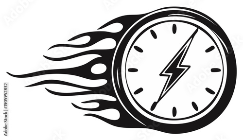 Fast paced black and white clock with lightning bolt hand and fiery speed trails icon