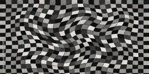 Seamless black and white checkered abstract background featuring a geometric square pattern reminiscent of a classic racing flag or a tiled chessboard floor design