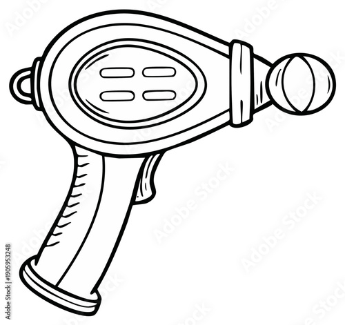 Toy ray gun outline drawing space blaster weapon illustration, retro sci-fi plastic toy