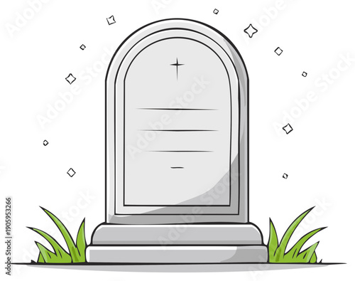 Cartoon illustration of a blank tombstone with cross and grass.