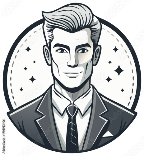 Stylized illustration of a smiling man in a suit and tie inside a decorative circular frame