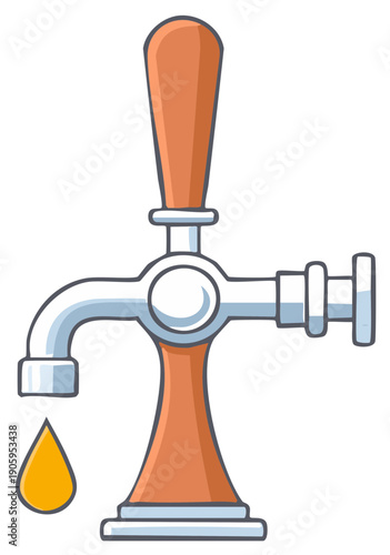 Draft beer tap with wooden handle dispensing a golden drop of ale cartoon illustration