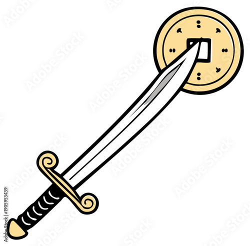 A sword pierced through a coin. Fantasy scene of weapon, money, and wealth. Magic treasure on a white backdrop.