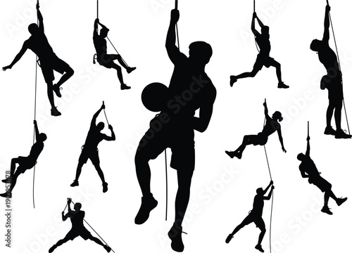 Rock climbing silhouettes illustration, climbers rappelling and ascending ropes, extreme adventure sport poses collection, black vector isolated white background design