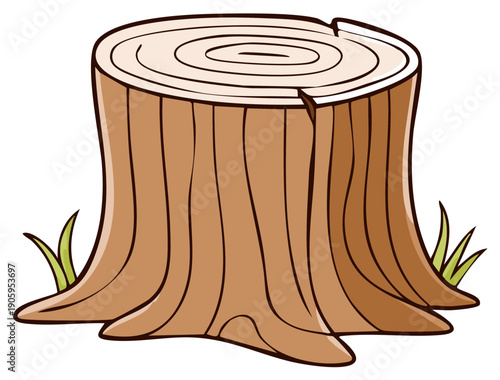 Cartoon illustration of a tree stump with grass, vector graphic of brown wood