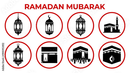 Ramadan Mubarak Vector Icons | Islamic Mosque Allah Calligraphy Circular Design | Festive Greeting Card | Ornate Decorative Vector Art for Spiritual Cultural Celebration