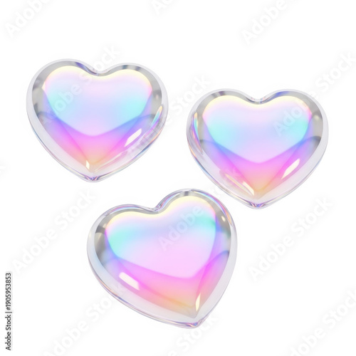 Three iridescent heart-shaped ornaments