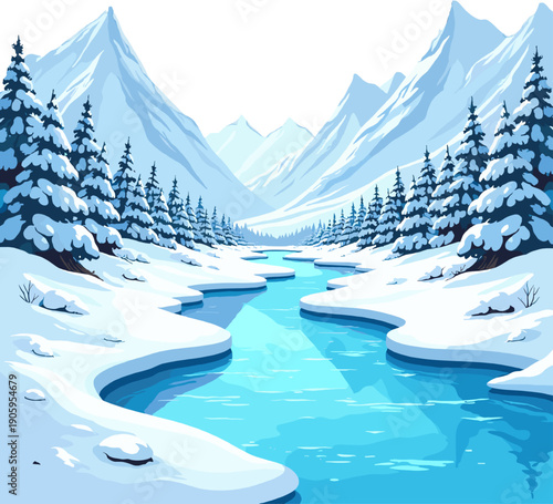Snowy mountain river landscape with icy water, winter forest, frozen mountains and peaceful arctic scenery