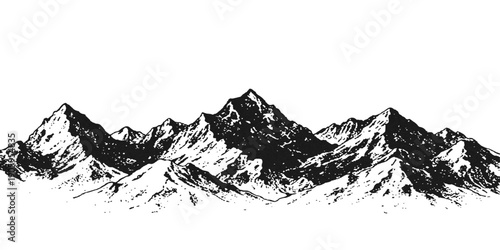 A panoramic vector illustration of a high alpine mountain landscape featuring snowy peaks and white clouds across a cold winter sky in the Swiss Alps range