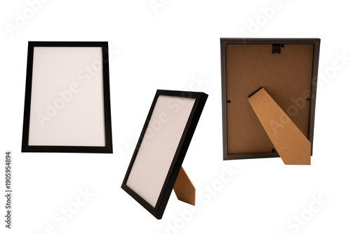 Black empty photo frame isolated on white background.