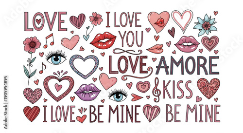 Valentine Love Doodle Sticker Collection in Funky Crayon Scribble Grunge Hand Drawn Style