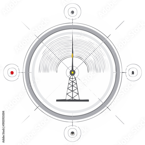 Abstract radar screen with radio tower and signal waves emanating outwards