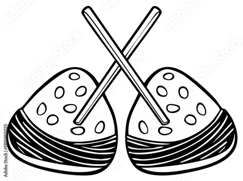 Black and white illustration of onigiri rice balls with chopsticks