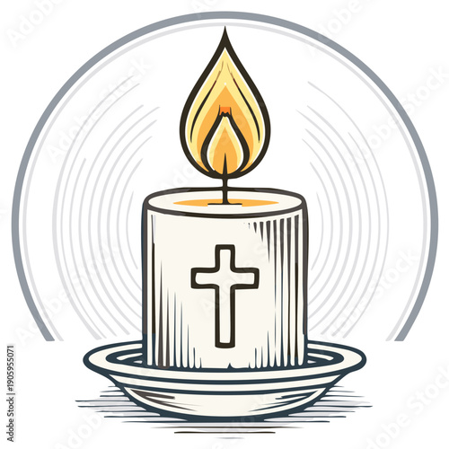 Elegant religious candle with flame in decorative holder, Christian symbolism, drawing