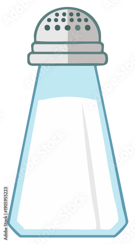 Clear glass salt shaker with silver perforated lid filled with white salt crystals