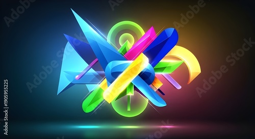 Wallpaper Mural Vibrant 3d geometric shapes in neon colors against dark gradient background with glowing effect and abstract design elements Torontodigital.ca