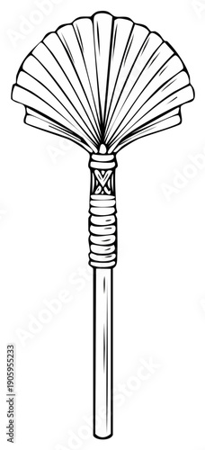 Stylized ancient ceremonial fan with ornate handle black and white line art illustration