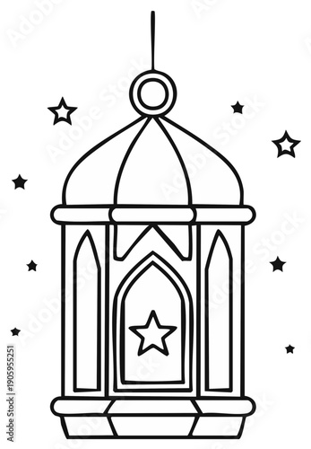 Hanging Islamic Fanoos lantern with stars coloring page for Ramadan celebration