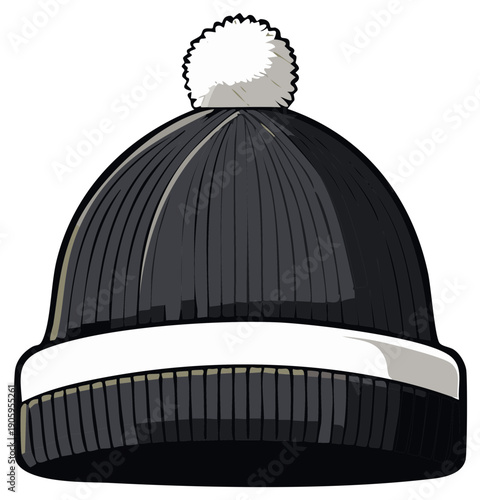 Black knit hat with white pompom and rim illustration