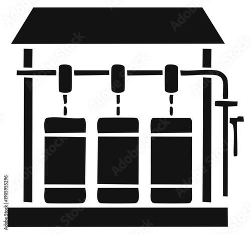 Water treatment plant icon with multiple tanks and dripping liquid under a protective roof