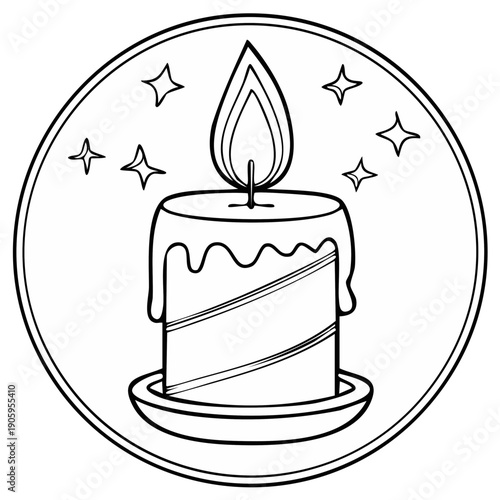 Outline illustration of a burning festive candle with dripping wax and stripes, framed by a circle and twinkling stars.