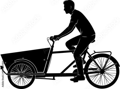 Silhouette of man riding a long john cargo bicycle with large front box for delivery or family transport, clean vector art, isolated on white background