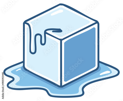 Cartoon Drawing of a Blue Ice Cube Melting into Puddle of Water - Refreshment, Cool