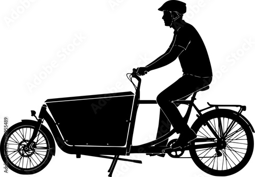 Silhouette of man riding a long john cargo bicycle with large front box for delivery or family transport, clean vector art, isolated on white background