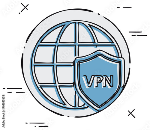 Digital security illustration of a globe protected by a VPN shield icon