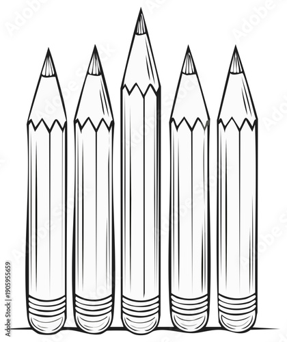 Row of five sharpened pencils with erasers in a black and white vector illustration style