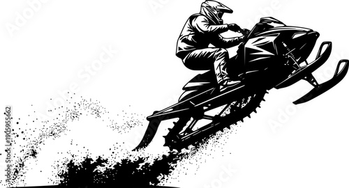 Black silhouette of extreme snowmobile rider wearing full helmet performing high jump with snow spray, dynamic action vector art, sticker design, isolated on white background