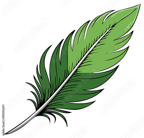 Hand-drawn green feather art illustration isolated element for decoration with quill details and texture graphic resource