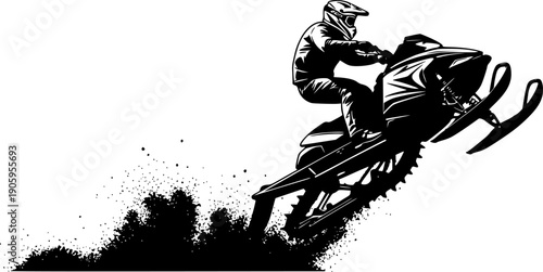 Black silhouette of extreme snowmobile rider wearing full helmet performing high jump with snow spray, dynamic action vector art, sticker design, isolated on white background