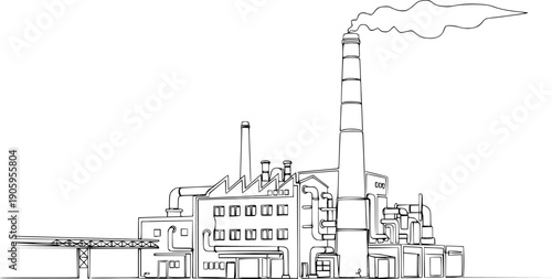 Drawing of an industrial plant or factory with a chimney in one line art style.
