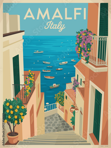 Retro-style vector illustration of Amalfi, Italy, showing a narrow stone stairway between pastel houses leading to the sparkling sea, with fishing boats, lemon trees, and flower pots, in muted Mediter