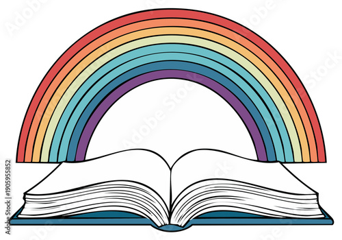 Open book with colorful rainbow arc symbolizing imagination and knowledge discovery