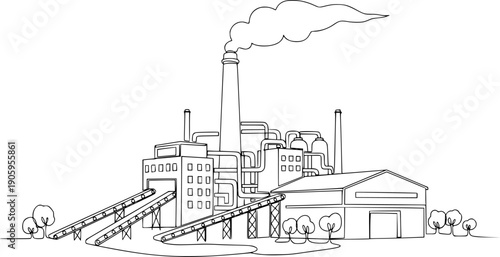 Drawing of an industrial plant or factory with a chimney in one line art style.
