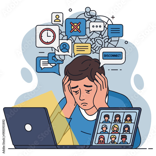 Stressed Man Holding Head in Hands Overwhelmed by Digital Notifications and Video Calls on Laptop and Tablet, Illustrating Mental Fatigue and Information Overload in a Modern Workspace.