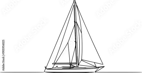 Black sailboat in single line art style. Editable minimalist boat drawing
