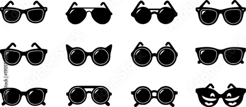 Glasses icon. Set of glasses icons. Black glasses silhouette isolated on white
