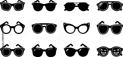 Glasses icon. Set of glasses icons. Black glasses silhouette isolated on white
