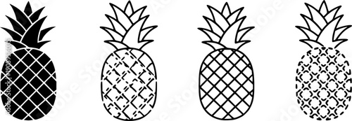 Simplified pineapple icon. Symbol of tropical fruit: black silhouette, outline lines, and dashed line. Five style variations.
