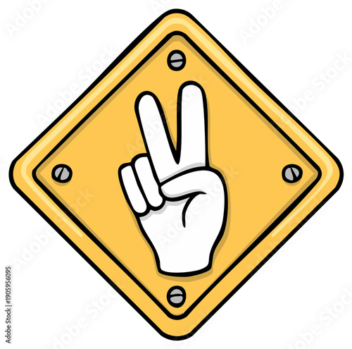 Cartoon victory hand gesture with two fingers up inside a yellow bolted road sign vector illustration