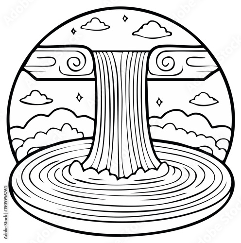Line art illustration of a waterfall cascading into a pool, surrounded by clouds and stars.