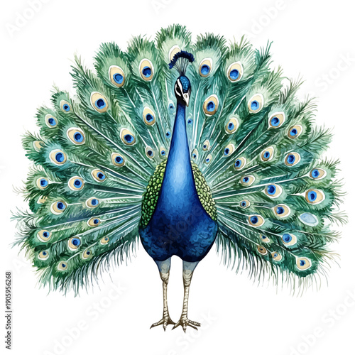 Peacock, delicate painting watercolor vector with vivid brush accents, isolated on a white background.