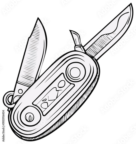 Multi-Tool Pocket Knife Outline Illustration: Versatile Instrument with Blades and Tools for Outdoor Adventures