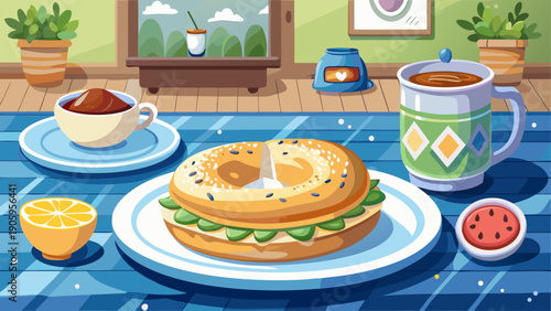 Cartoon vector illustration of a bagel with cream cheese in minimal flat cafe breakfast style