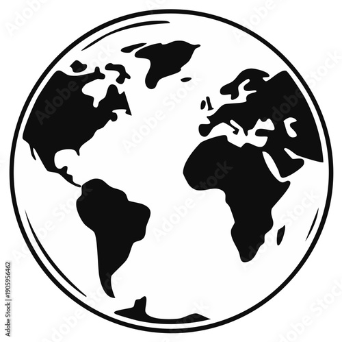 Stylized black and white illustration of planet Earth with continents visible